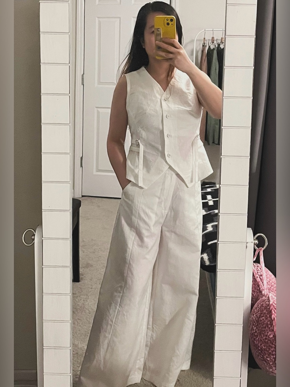 Handmade Linen Cotton Blend Wide Leg Pants & Button Front Vest Matching Set